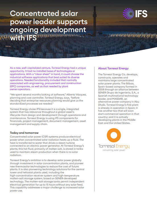 Concentrated solar power leader supports ongoing development with IFS