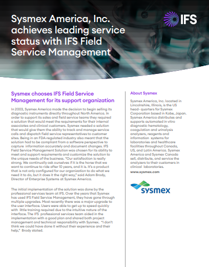 Sysmex America, Inc. achieves leading service status with IFS Field Service Management