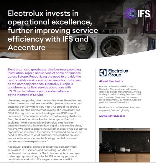 Electrolux invests in operational excellence, further improving service efficiency with IFS and Accenture