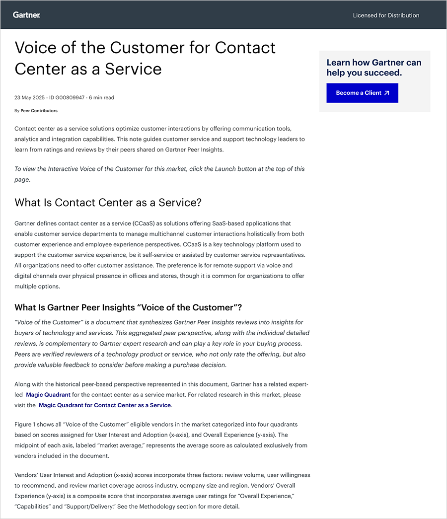 Gartner® Voice of the Customer for Contact Center as a Service